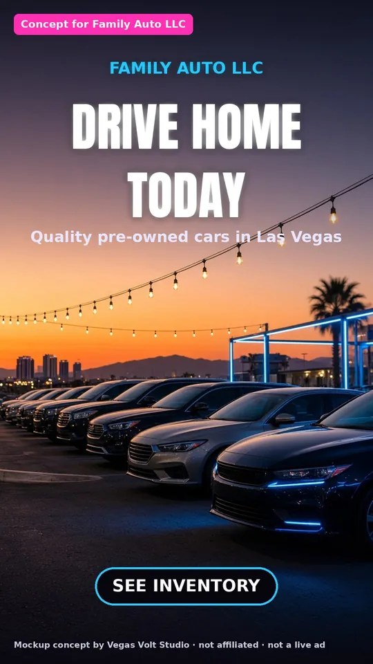 AI video ad concept for an Las Vegas used car dealer, Family Auto LLC (concept mockup, not a client)