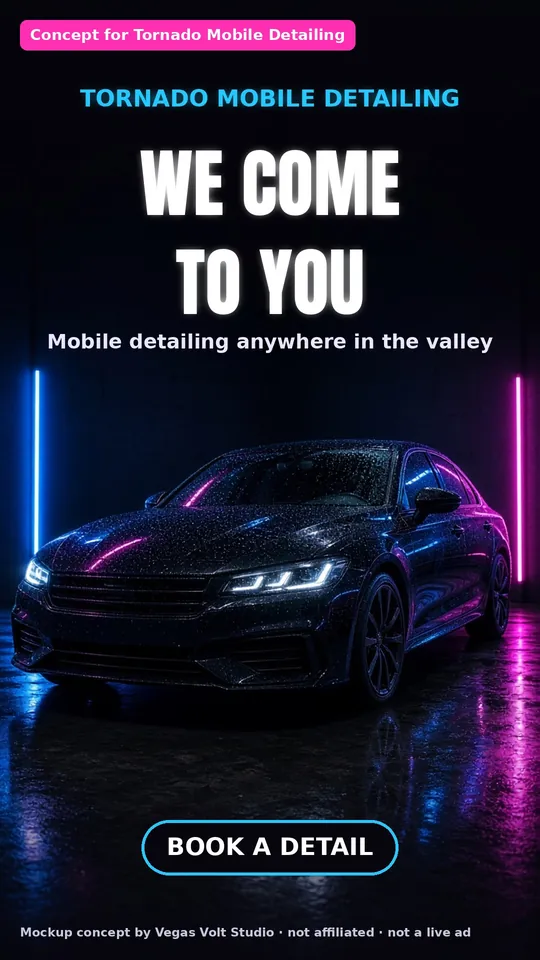 AI video ad concept for a Las Vegas mobile auto detailing service, Tornado Mobile Detailing (concept mockup, not a client)