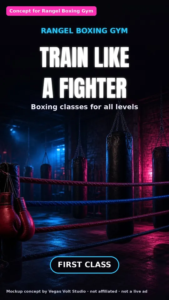 AI video ad concept for a Las Vegas boxing gym, Rangel Boxing Gym (concept mockup, not a client)