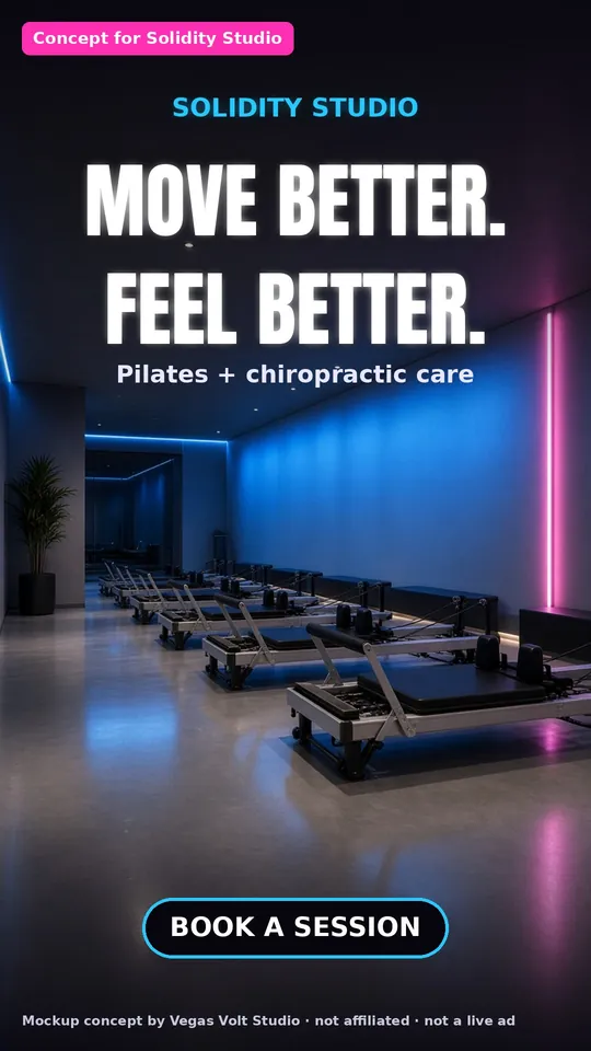AI video ad concept for a Las Vegas Pilates and chiropractic studio, Solidity Studio (concept mockup, not a client)