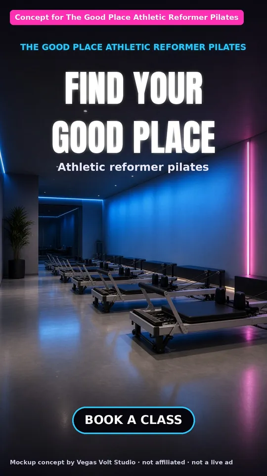 AI video ad concept for a Las Vegas reformer Pilates studio, The Good Place Athletic Reformer Pilates (concept mockup, not a client)