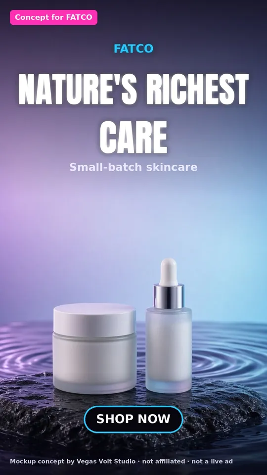 AI video ad concept for a Las Vegas skincare brand, FATCO (concept mockup, not a client)