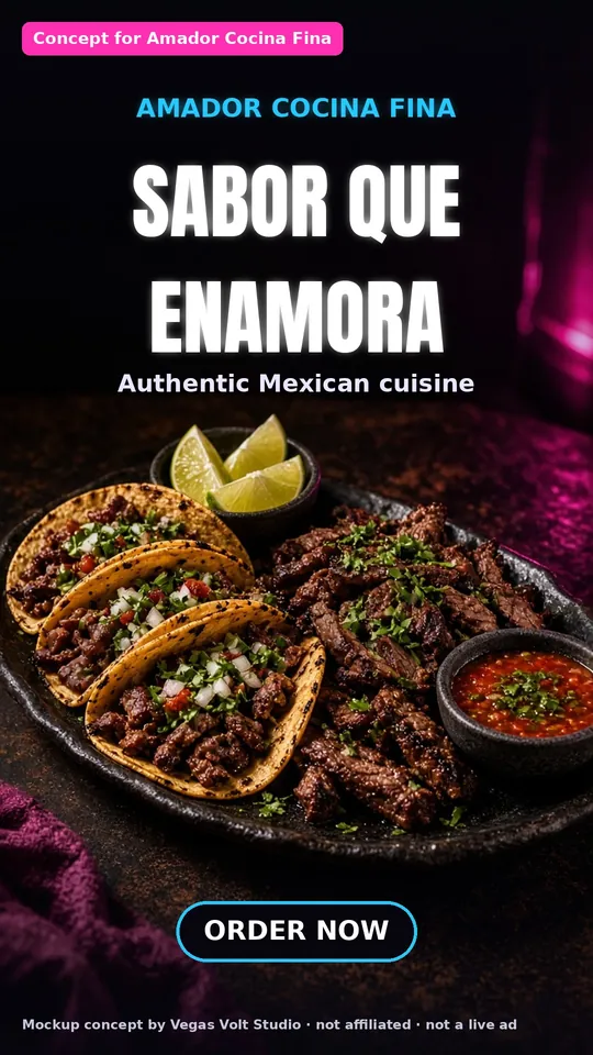 AI video ad concept for a Las Vegas Mexican fine-dining restaurant, Amador Cocina Fina (concept mockup, not a client)