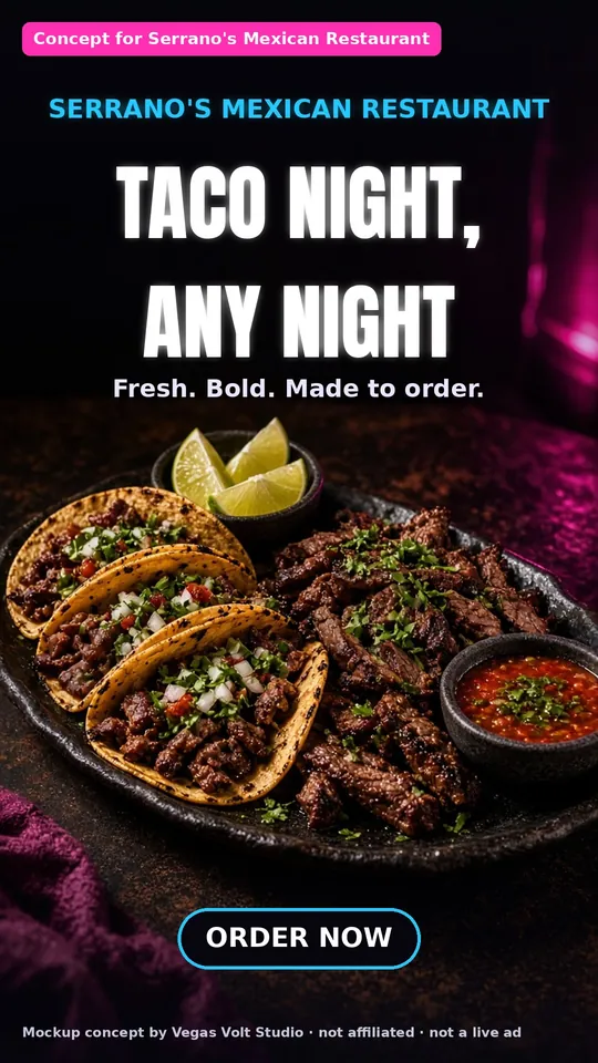 AI video ad concept for a Las Vegas Mexican restaurant, Serrano's Mexican Restaurant (concept mockup, not a client)