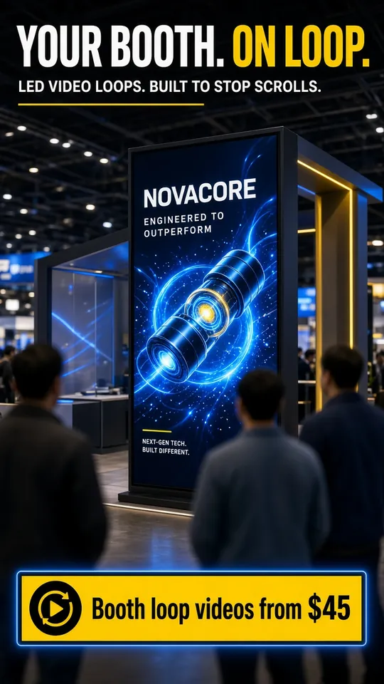 AI trade show booth screen loop video sample for Las Vegas convention exhibitors (sample concept, not a client)